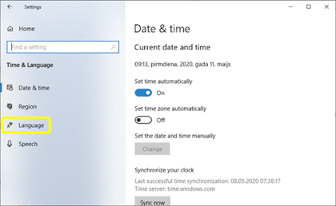 Windows 10 iestatījumu panelis (Laiks, datums un valoda)