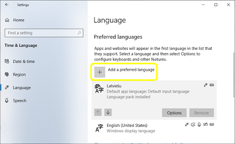 Windows 10 noklusētās valodas iestatījumi