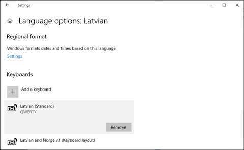Windows 10 valodas iestatījumi Latviešu (Latvian QWERTY)